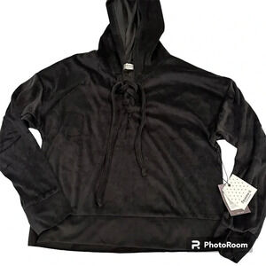 Bear Paw Black Velvet Hoodie Lace Up Crop Sweater Size Large